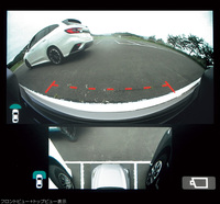 スバル独自の先進運転支援システム「アイサイトセイフティプラス」には、一時停止や右左折時などの減速する場面で車速が15km/h未満になると、「部分トップビュー+フロントビュー画面」がセンターモニターに自動的に表示される「AUTOモード」が新たに設定された。