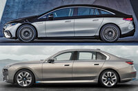 ディメンションは「メルセデス・ベンツEQS」が全長×全幅×全高=5225×1925×1520mm、ホイールベース=3210mmなのに対し、「BMW i7」は全長×全幅×全高=5390×1950×1545mm、ホイールベース=3215mmとなっている。ひとまわり大きく角張った意匠のi7に対し、EQEは伸びやかなフォルムと高さを抑えたルーフラインが特徴だ。