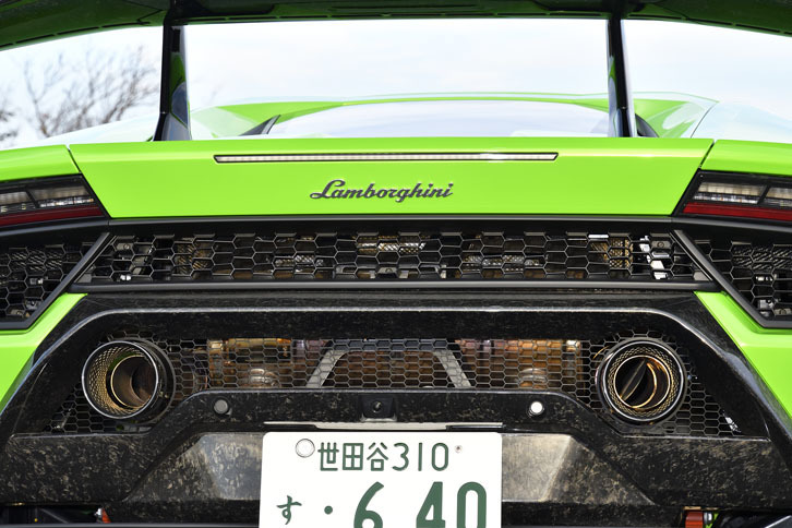 2本のエキゾーストパイプは標準モデルより高く、中央寄りに配置されている。