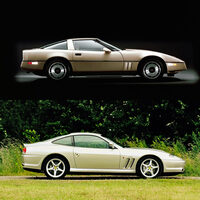 1983年登場の4代目「シボレー・コルベット」(上)と1996年登場の「550マラネロ」(下)の比較。ベルトラインの曲がり具合や長めの前後オーバーハング、尻上がりのボディー、スパッと立ち落としたリアの処理に注目。当時のwebCGほったが「あれ?」と思ったのも、むべなるかな。