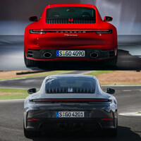 マイチェン前(上)とマイチェン後(下)の「911」のリアまわり。改良によってリアコンビランプが横一文字のデザインとなったほか、ナンバープレートの取り付け位置も変更されている。