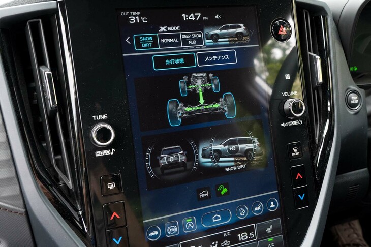「CarInfo」の画面を呼び出すと、路面の斜度やパワートレイン/ドライブトレインの作動状態の確認が表示される。