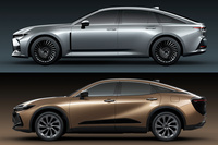 「クラウン セダン」と「クラウン クロスオーバー」のサイドビュー。エンジン縦置きのフラットフォームをベースとする前者は、ロングノーズでホイールベースも長い。