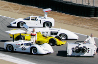 2005年の「モントレーカーウィーク」より。左列の最奥に見えるのが「シャパラル2F」。その他の車両は、手前の左が「2E」、右がファンカーの「2J」、黄色い車両がオープンホイールカーレースに投入された「2K」、その奥に位置するのが「2H」である。(写真:渡辺慎介)