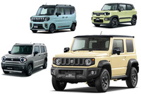 今日のスズキでは、人気モデル「ジムニー」の顔まわりの意匠を、他のモデルにも展開。いずれの車種も、横長のラジエーターグリルと丸目のヘッドランプが一体となった顔まわりをしている。