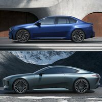 「BMW i3」(上)と「ビジョンBMWアルピナ」(下)のサイドビュー。プレスラインの角度こそ違うが、ともにボディーの下部に折れ線が入り、その下が大きく削り込まれている。