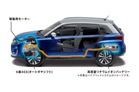 ハイブリッドシステムの図解。駆動用バッテリーは車体後方に搭載される。