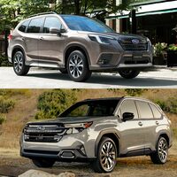 現行型(上)と新型(下)の「フォレスター」。 
	渕野「新型のほうがやっぱりキャラクターがはっきりしていていいですね」 
	ほった「個人的には現行型も憎からず思っていますけどね。質実剛健な感じがして。あと、言い方は悪いですけど『ダサかっこいい』感じがして親近感が持てます」