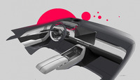 新型「CX-5」のインストゥルメントパネルまわりのデザインスケッチ。ずいぶん奥まった位置にメーターが描かれているが、当初はハンドルの上からメーターを見る、トップマウントメーターのレイアウトも検討されていたのだろうか?