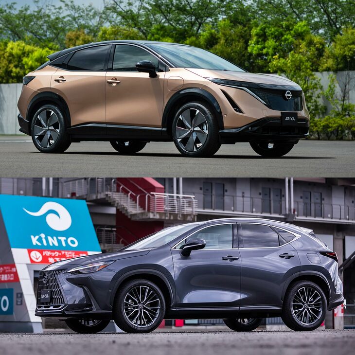 「日産アリア」(上)と「レクサスNX」(下)の比較。ドアに映る陰影を見ると、ともにリアタイヤにかかるような“後ろ下がり”のリフレクションが表れているいっぽうで、アリアはおおらかな面の変化によるボリューム感で、NXはパキパキとしたキャラクターラインで、それぞれに異なる表情を実現している。(写真<下>:花村英典)