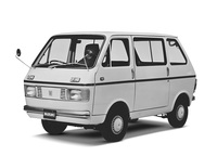 1969年「キャリイバン」。前後対称に近いスタイリングが特徴で、角形ヘッドライトは当時の流行。スライド式ではなく、通常のドアでドアハンドルが縦配置なのも珍しい。