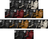 内装色はセミアニリン本革仕様で7種類(写真上段)、「L-ANILINE」(レクサス独自の高級本革)仕様で5種類(中段)、「ウルトラスエード」仕様で2種類(下段)と、全14種類ものコーディネートが用意される。