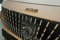 「408」のフロントグリル。「GT」グレードではボディー同色のグリッドが配された「フレームレスグリル」の中央に、ライオンをモチーフとしたエンブレムが置かれる。