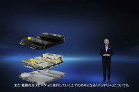 「e:NS1」と「e:NP1」に採用される「e:NアーキテクチャーF」は、前輪駆動ベースのEV専用プラットフォームである。フロア形状を見ると、センタータンクレイアウトの前席下フロアが盛り上がった設計を踏襲していることが分かる。この盛り上がった部分に厚めに電池を配置する。(写真:ホンダの発表動画より抜粋)