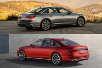 「A6」(上)と「A8」(下)。リアまわりの意匠や、フェンダーおよびドアパネルの抑揚などに、両車のはっきりとした違いが見て取れる。