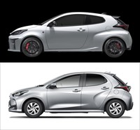 真横から見た「GRヤリス」(写真上)と「ヤリス」(下)。3ドアのGRヤリスのボディーサイズ(全長×全幅×全高=3995×1805×1460mmは5ドアのヤリスに比べて45mm長く、110mm幅広く、40mm低くなっている。最も違いが明確なのはルーフラインだが、あらゆる点が異なっているともいえる。2558mmのホイールベースは、ヤリス比で8mm長い。