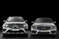 メルセデス・ベンツの「Cクラス」(右)と「GLC」(左)。上下のグリルやヘッドランプなどはいずれも似たような形状となっているが、全体的には大きくイメージが異なっている。