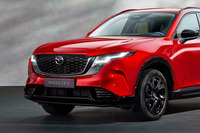 新型「CX-5」のフロントを斜め前から見たところ。バンパーの縁が“末広がり”になっており、ボディーのシルエットが(写真左奥の)タイヤから大きく離れている。