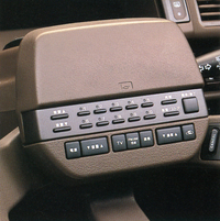 1987年「日産セドリック/グロリア」のステアリングホイールのセンターパッド。短縮ボタンなど自動車電話用の操作ボタンを並べ、その下にAVシステムのコントロール類を配している。
