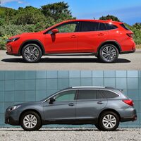 「レヴォーグ レイバック」(上)と5代目「レガシィ アウトバック」(下)。ボディー下端の処理に注目。アウトバックでは、より広い(厚い?)箇所を黒の樹脂パーツでおおい、フロア高を高く見せている。(写真<上>:荒川正幸)