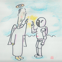 天界で「ASIMO」との接近を試みる小林氏(の想像図)。