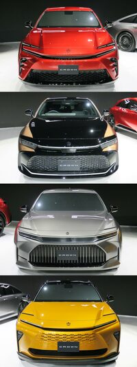 2022年7月の新型「クラウン」ワールドプレミアで撮影した、各モデルのフロントマスク(「クロスオーバー」以外はプロトタイプ)。クルマの顔というのはそのモデル単体の要件のみでデザインできるわけではなく、同ブランドの他モデルと共通性を持たせたり、逆に差別化を図ったりと、外部の要件を織り交ぜてつくらなければならないのだ。