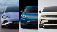 BYDの最新BEVラインナップ。左から2024年春に販売開始予定の4ドアセダン「シール」、日本で販売されているコンパクトモデル「ドルフィン」とクロスオーバー「ATTO 3」。