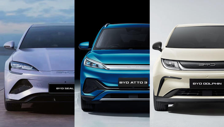 BYDの最新BEVラインナップ。左から2024年春に販売開始予定の4ドアセダン「シール」、日本で販売されているコンパクトモデル「ドルフィン」とクロスオーバー「ATTO 3」。