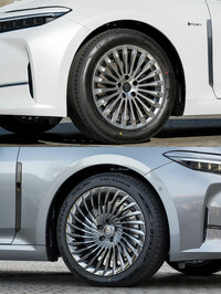 標準仕様の19インチアルミホイールと「ブラックパッケージ」の20インチアルミホイール。タイヤサイズは、前者が235/55R19、後者が245/45ZR20だ。(写真:向後一宏)