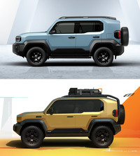 「ランドクルーザー“FJ”」(上)とそのデザインスケッチ(下)。ボディーに対するフロントタイヤの位置や、フロントオーバーハングの長さの違いに注目。