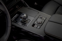 幅の広いセンターコンソールにふた付きのカップホルダーやシフトパネル、インフォテインメントの操作スイッチなどを整然と配置。シフトセレクターは新デザインのレバー式で、パーキングを含め、各ポジションをレバー操作によって選択する方式になっている。