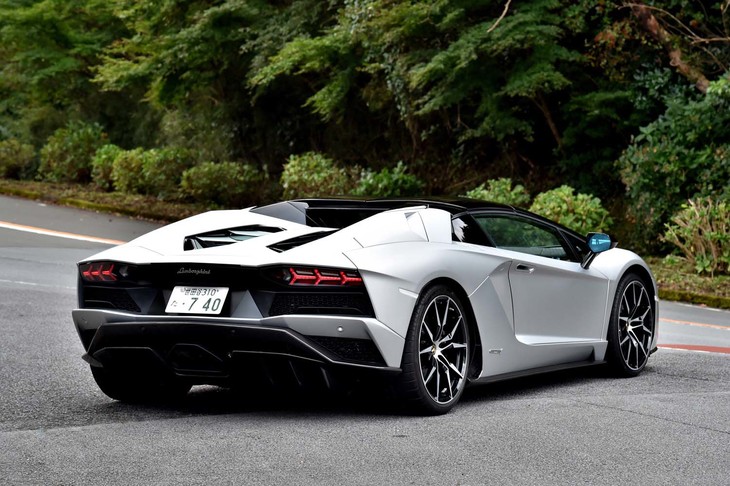 【ランボルギーニ・アヴェンタドールSロードスターのスペック】
	ボディーサイズ:全長×全幅×全高=4797×2030×1136mm/ホイールベース:2700mm/車重:1625kg(乾燥重量)※車検証記載値1940kg/駆動方式:4WD/エンジン:6.5リッターV12 DOHC 48バルブ/トランスミッション:7段AT/最高出力:740ps(544kW)/8400rpm/最大トルク:690Nm(70.4kgm)/5500rpm/タイヤ:(前)255/30ZR20 92Y XL/(後)355/25ZR21 107Y XL(ピレリPゼロ)/燃費:20.1リッター/100km(約5.0km/リッター、欧州複合モード)/価格:4996万9107円
	【取材時の燃費データ】
	テスト距離:277.0km(市街地1:高速道路8:山岳路1)/使用燃料:63.9リッター(ハイオクガソリン)/参考燃費:4.3km/リッター(満タン法)