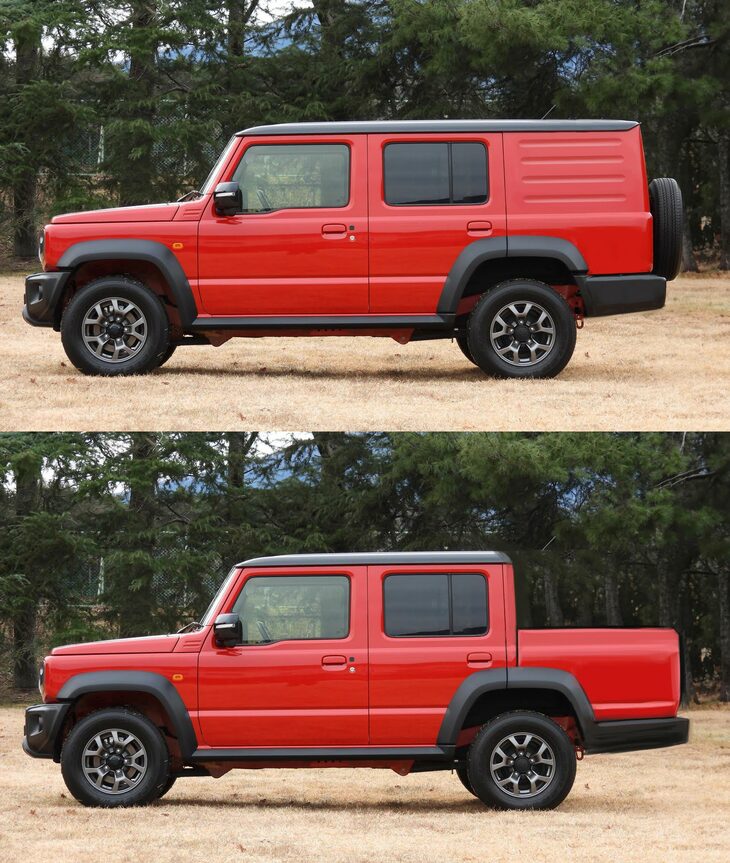 渕野「こんなのもつくってみました。商用のパネルバン(上)と、ピックアップトラック(下)です」 
	ほった「『ディフェンダー』とか『ランクル“70”』にもいろんな仕様がありますし、夢は広がりますね」