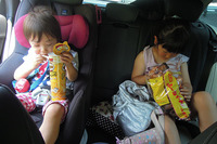 長距離ドライブには欠かせない子供たちのおやつタイム。今回は心強い味方であるダイソンがいるため、好きな菓子をチョイスさせた。(著者撮影)