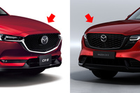 現行型(写真左)と新型(同右)のボンネットのアウトラインの比較。現行型がシュッと流れ落ちるようにノーズへ向かっていくのに対し、新型はフードの高さを保ちつつ、前寄りの箇所で強い丸みを帯びてノーズへと向かっていく感じだ。