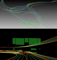 「高精細3次元地図」のイメージ。車線だけでなくフェンスや建造物などの情報も含まれているのが分かる。