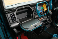 「ハイブリッドX」「ハイブリッドXターボ」に装備されるインパネアッパーボックスは、開いたフタがテーブルになる仕組み。初代より容量、テーブルの大きさともに拡大している。