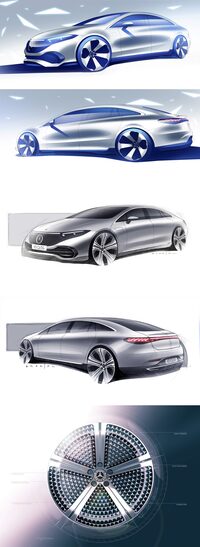 「メルセデス・ベンツEQS」のデザインスケッチ。
渕野「実際に使われるシーンが想像つかないというか、どういうお客さんへ向けたクルマなのか、ちょっとピンとこないんですよね……」