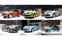 写真左上から右に「ムラーノ」「ティーダ」「ティーダ・ラティオ」「フーガ」「ラフェスタ」「ノート」。