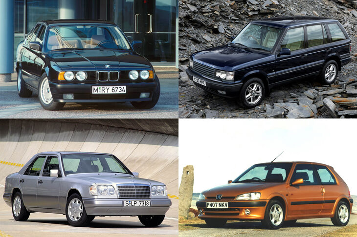 webCGほったが、「これはいいなぁ」と思った歴代欧州車の例。左上がE34世代の「BMW 5シリーズ」、左下がW124世代の「メルセデス・ベンツEクラス」、右上が2代目「ランドローバー・レンジローバー」、右下が「プジョー106」。 
	ほった「昔は確かに、ワタシにも『これはスゴい!』って思える欧州車がたくさんあったんですけど……」