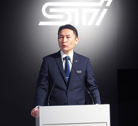 次期「レヴォーグ」のプロジェクトゼネラルマネージャー、五島 賢氏。東京オートサロン2020のプレスカンファレンスにおいて、同モデルを「スバルのグランドツーリング思想の現時点における究極の結実」と紹介した。