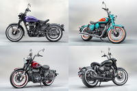 「ゴアン クラシック350」の車体色は4種類で、写真右下の「シャック・ブラック」(取材車と同じ)から時計回りに「レイブ・レッド」「パープル・ヘイズ」「トリップ・ティール」。いずれも個性的で、同モデルによくマッチしている。(写真=ロイヤルエンフィールドジャパン)