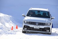 「ティグアンTDI 4MOTION Rライン」でモーグルセクションに臨む。webCGのスタッフから、撮影のためにわざと前輪を穴に落とすよう指示(?)され、その通りにする。