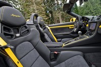 カーボンが露出したデザインのスポーツシート。ヘッドレストにはモデル名の刺しゅうが施されている。