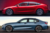 全長が同じ「テスラ・モデル3」(上)と「BMW 3シリーズ」(下)のサイドビュー。寸法はモデル3が全長×全幅×全高=4720×1850×1441mm、3シリーズが同=4720×1825×1445mm。とほぼ一緒だが、グリーンハウスの前後長はモデル3のほうが長く、またフロントのカウルが低く抑えられている。