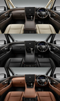 インテリアカラーは「ブラック」(中央)が基本で、「アルファード エグゼクティブラウンジ」には「ニュートラルベージュ」(上)も、「ヴェルファイアZプレミア/エグゼクティブラウンジ」には「サンセットブラウン」(下)も用意されている。