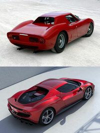 1964年登場のスポーツプロトタイプカー「250LM」(上)と、「296GTB」(下)。296シリーズのデザインには、250LMのモチーフが随所に取り入れられている。