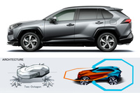 5代目「トヨタRAV4」のサイドビューとアイデアスケッチ。フロントのかたまりとリアのかたまりを組み合わせたら、接合部にはどんな模様が現れるのか? 日本のカーデザイナーは、そんなことも考えながら開発にいそしんでいるのだ。