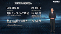 ホンダは今後10年で約8兆円を研究開発費として投入する計画で、このうち電動化とソフトウエアの領域では、研究開発費に約3.5兆円、投資に約1.5兆円の、合わせて約5兆円を投入するとしている。