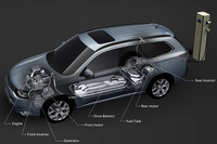 「三菱アウトランダーPHEV」の透視図。システムレイアウトはずいぶん違うものの、「加速や登坂などの高負荷走行時にも発電に専念させ、動力源として使うのは高速巡航時のみ」というエンジンの使い方や、トランスミッションを省いたパワートレインなど、「i-MMD」との共通点は多い。PHVないしPHVを前提とした次世代HVのスタンダードが決まりつつあるのかもしれない。